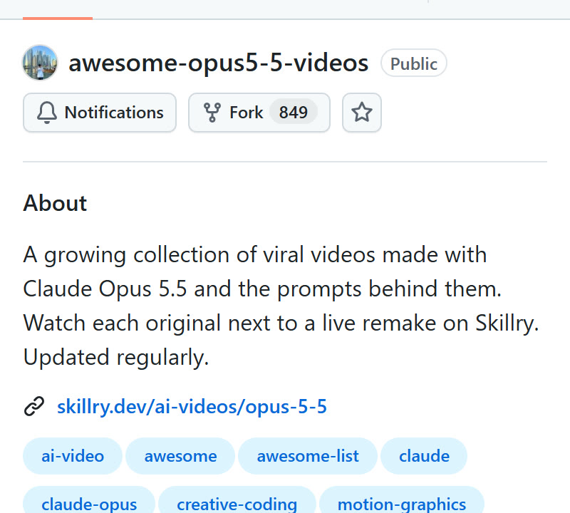 Página do repositório awesome-opus5-5-videos no GitHub