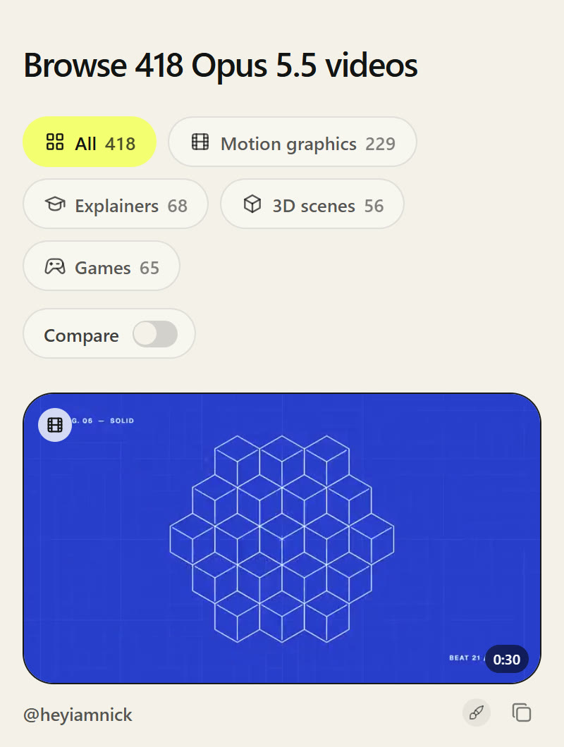 Galeria do Skillry com os vídeos feitos com o Claude Opus 5.5