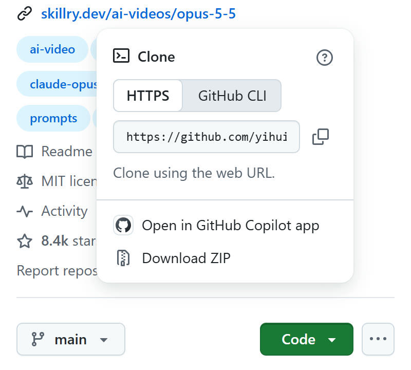 Menu Code aberto no GitHub com a opção Download ZIP